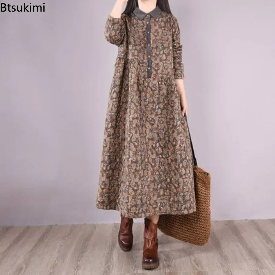 

New 2025 Autumn Loose Women Quilted Dress Winter Long Vestidos Female Casual Robe Cotton Linen Comfy Floral Print A-line Dresses