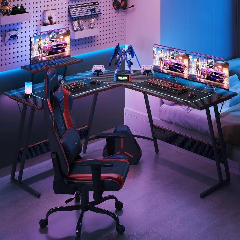 L Shaped Gaming Desk, 51 Inch Computer Corner Table with Large Monitor Stand & Carbon Fiber Surface