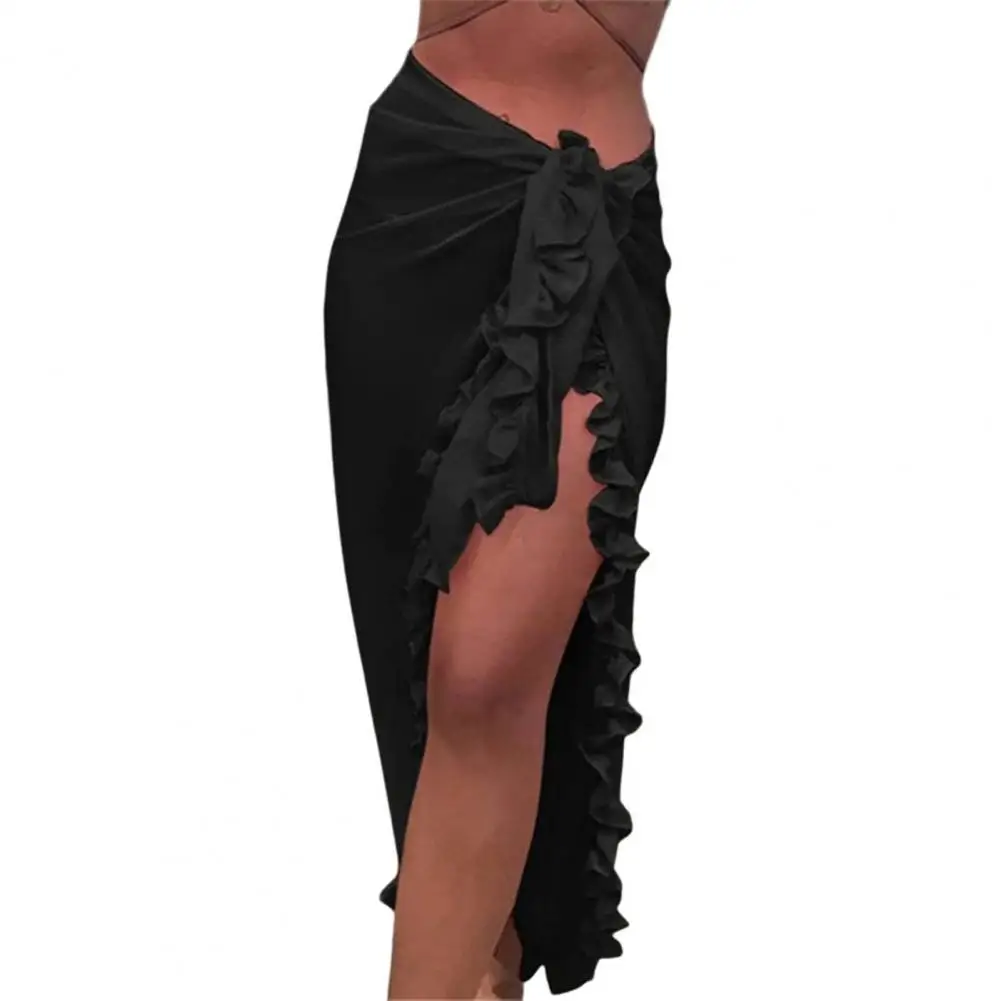 Women Beach Skirt Ruffle Cover Up Skirt Solid Color High Split Lace Up Beachwear Sunscreen Mid-calf Length Lady Bikini Skirt