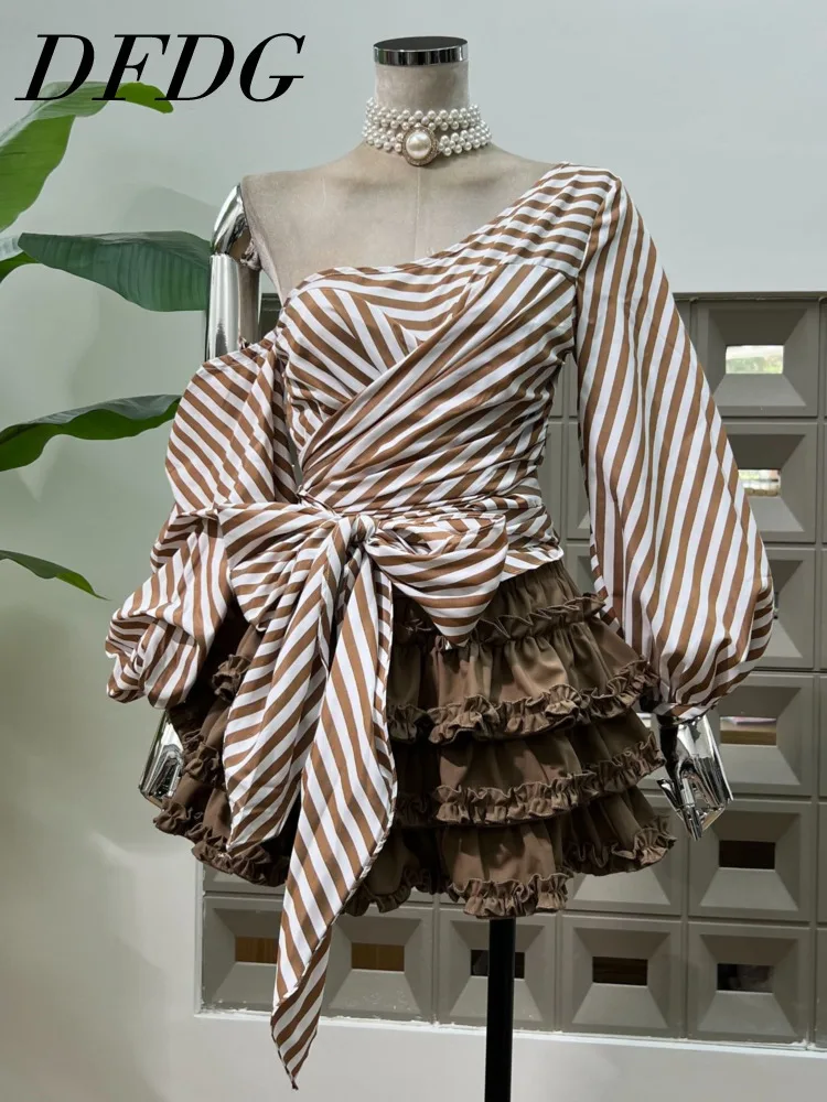 

DFDG Women’s 2025 Designer Single Shoulder Striped Neckline Top Coffee Brown Tiered Skirt Two Piece Set Spring Summer Beach Set