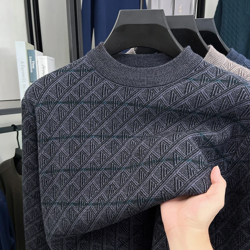 Men's Knitted Sweater Long Sleeve Crew Neck Geometric Pattern Thickened Soft Warm Autumn Winter Classic Fashion Casual Mens Wear