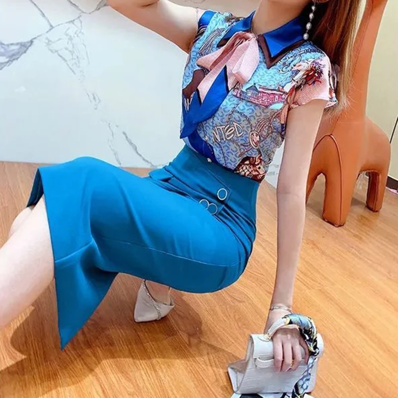 Dress women's summer 2024 niche design sense fashion contrast print shirt advanced sense bag hip skirt two-piece suit