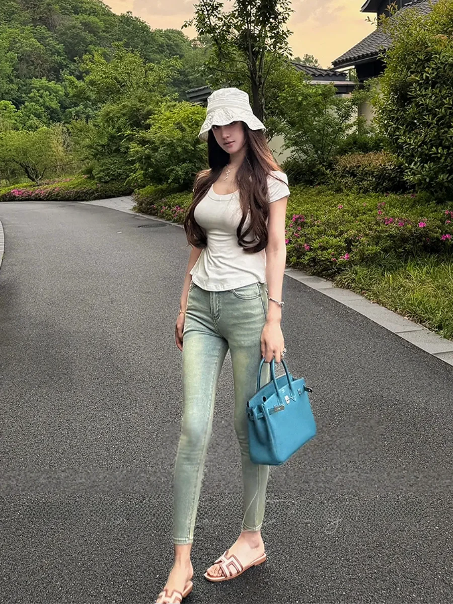 

Ретро джинсы женские облегающие светло-голубые с вышивкой, с высокой талией, из хлопкового стрейч-денима, с эффектом подтяжки ягодиц, узкие брюки-карандаш