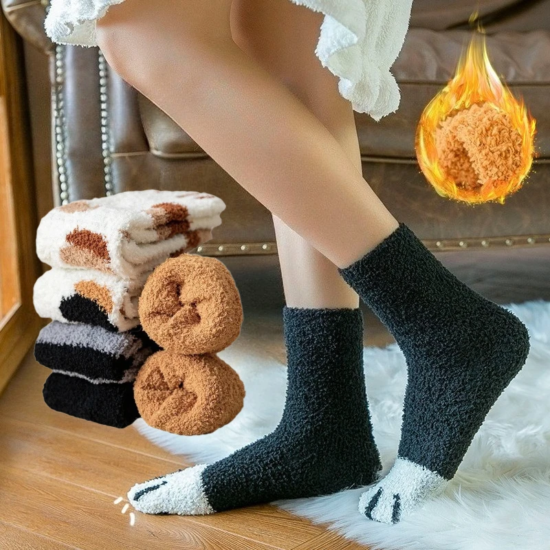 

Носки женские коралловые бархатные термобелье средние носки-трубочки с рисунком кошачьей лапы осень и зима утолщенные теплые флисовые носки для сна