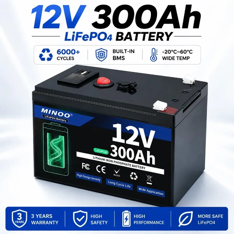 12V 300Ah 21700 LiFePO4 Battery Built-in Smart BMS,8000+ Cycles, Suitable for Solar Panels, Camper Vans, Marine Crafts