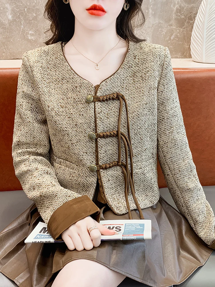 Nieuwe Chinese Sle-jas voor dames, herfst-winter, nieuw, klein formaat, knoopvest, top, woon-werkverkeer, Sle, ronde hals, lange mouwen