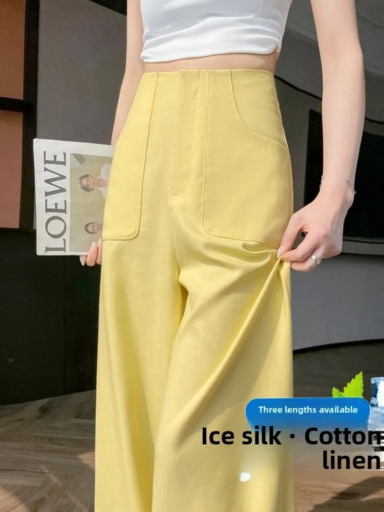 Pantaloni a gamba larga kaki Pantaloni estivi da donna sottili di piccole dimensioni in seta di ghiaccio Pantaloni a banana drappeggiati con taglio dritto Pantaloni a vita alta comodi