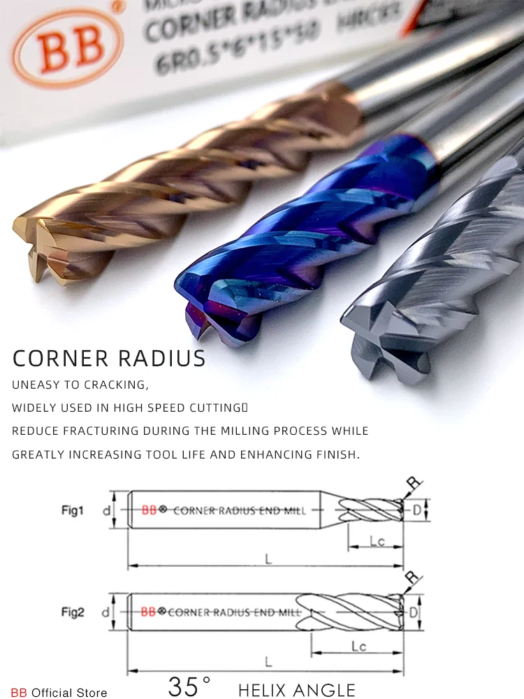 BB Corner Radius End Mill R Bullnose CNC Tungsten Carbide Steel Cutter Surface Machining Metal Router Tool 3 4 Flutes R0.5 R1