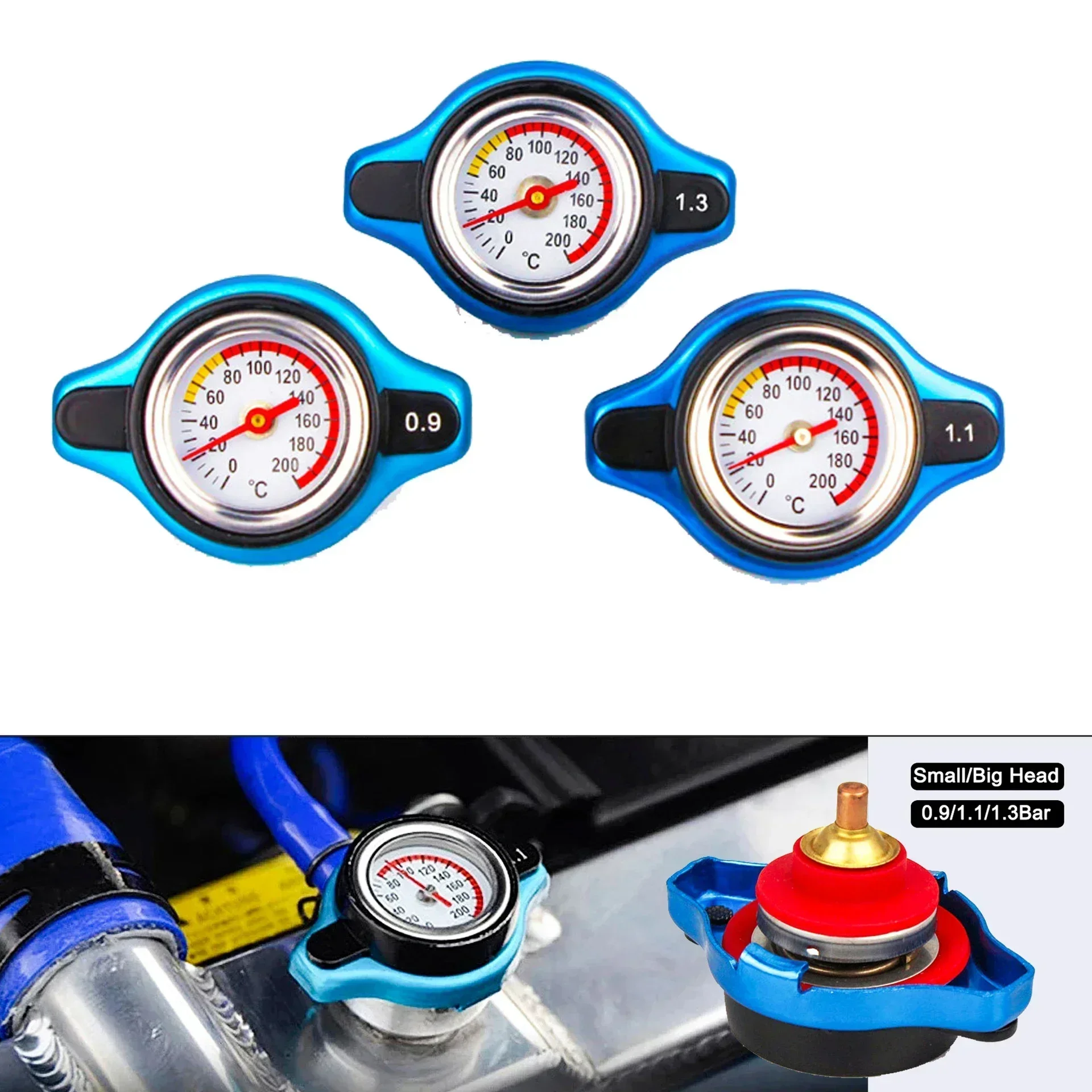 Car Motorcycle Styling Thermo Radiator Cap Tank Cover Water Temperature Gauge with Utility Safe 0.9 Bar/ 1.1 Bar/1.3 Bar