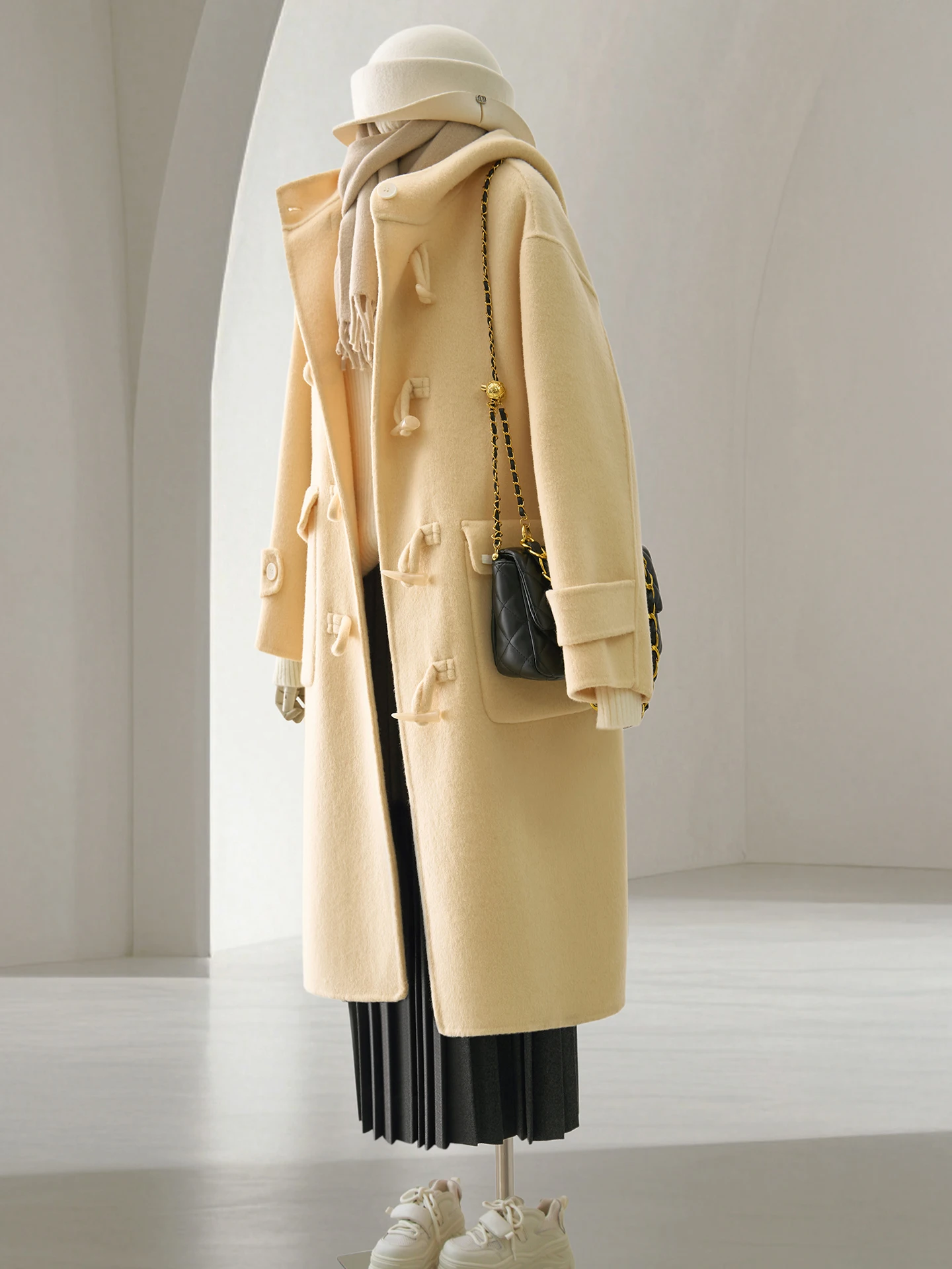 Women Long Wool Blend Coat with Hood Loose Fit Cream Duffle Coat Winter Warm Overcoat for Casual & Daily Wear