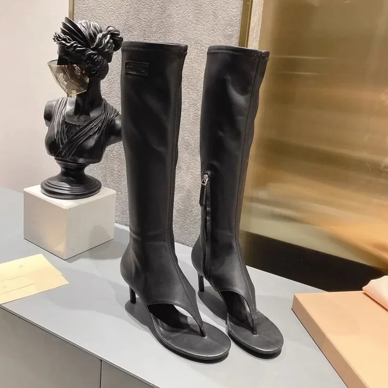 2023 Elastic Slim Heel Clip Toe Boots  European Fashion Cool Boots Cat Heel Open Toe Knee High Boots Zipper Ankle Short Boots