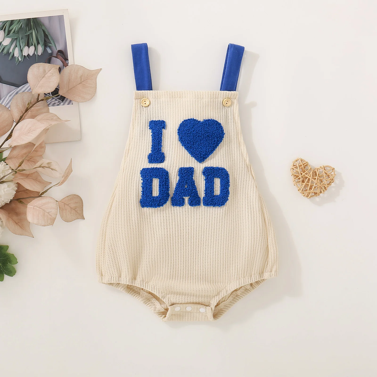 Summer blue “I Love Mummy” embroidered halter-neck romper for baby girls – sweet and adorable