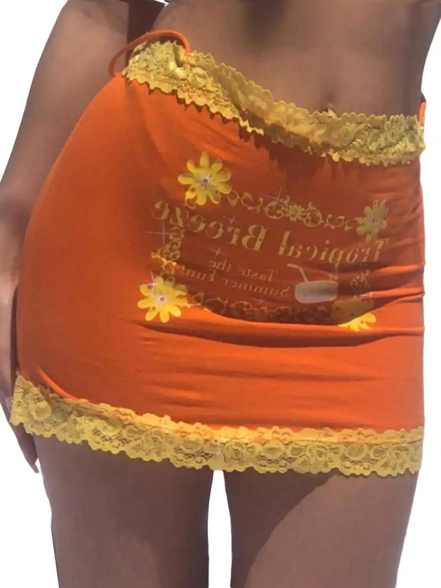 Women High Waist Mini Skirt Floral Letter Print Lace Trim Summer Casual Streetwear