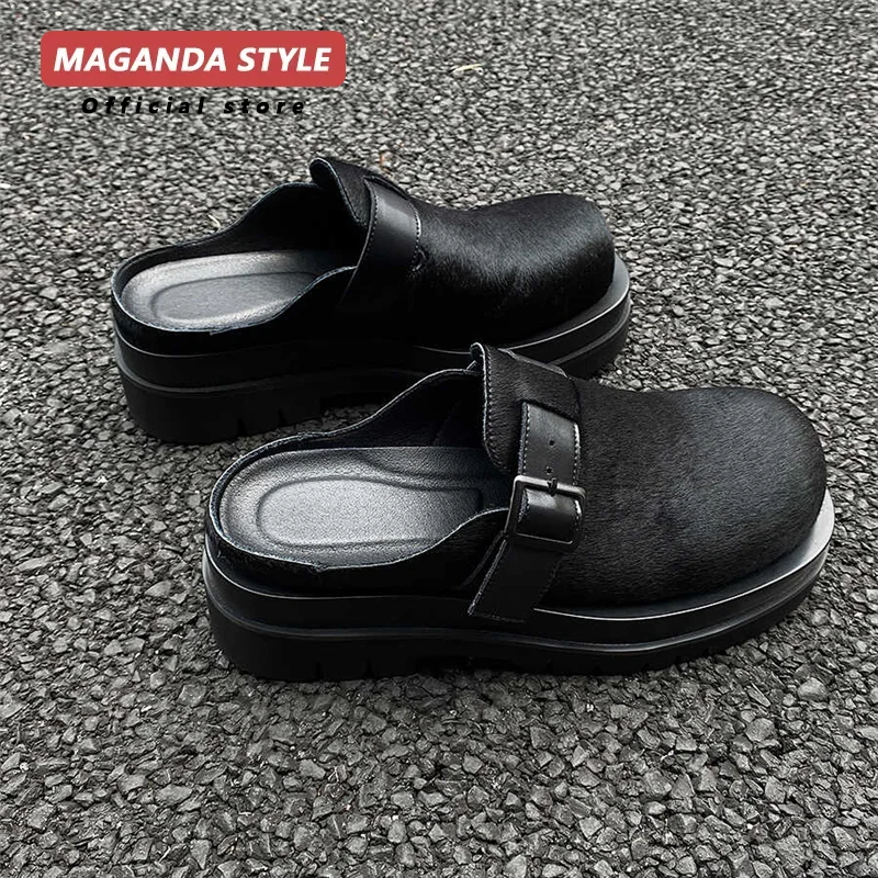 Retro genuine leather horsehair Birken for men 5cm height increase summer breathable slippers, outdoor beach shoes