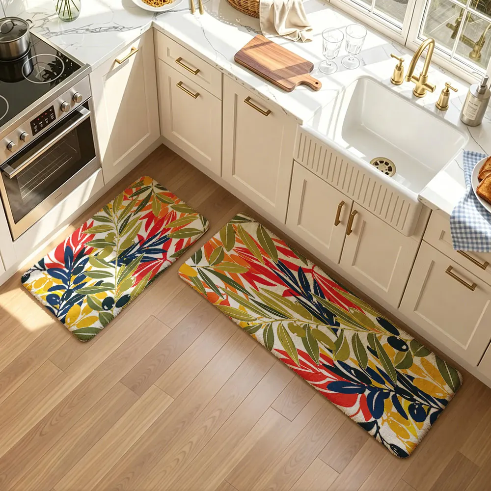 2pcs plush kitchen floor mats with an olive branch leaf patterns waterproof oil-resistant and water-absorbent