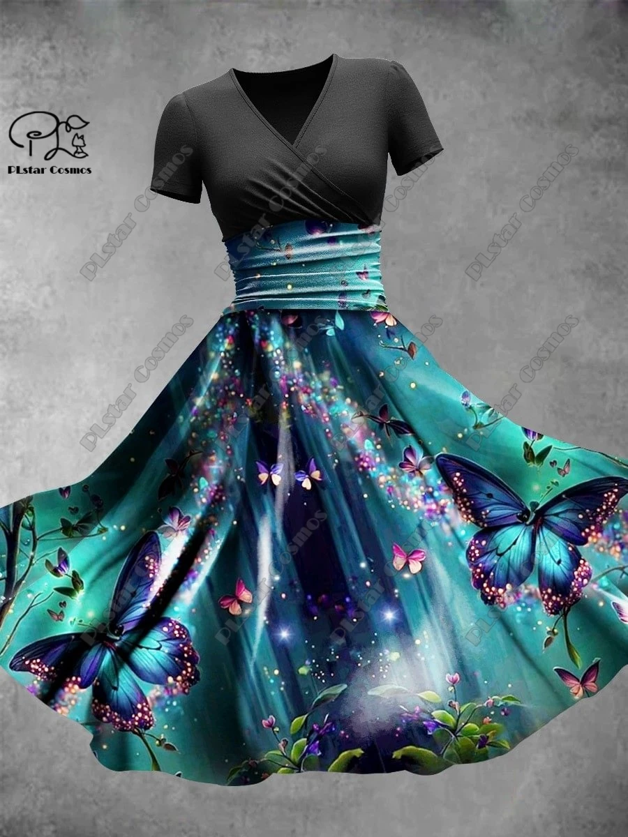 PLstar Cosmos 3D printed new flower butterfly series V-neck short-sleeved dress A-type long dress with love gift   H-2