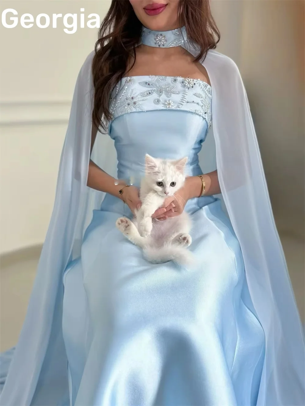 공식 행사 드레스 맞춤형 컬럼 스트랩리스 바닥 길이 럭셔리 이브닝 드레스 지퍼업 캡 스트랩 베스티도스 데 피에스타 R