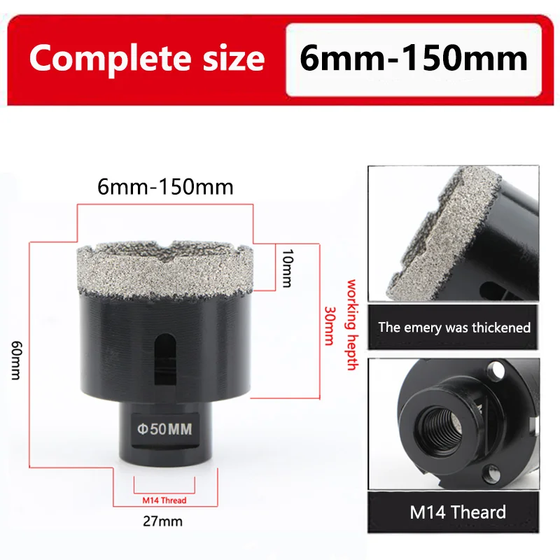 Diamond Hole Saw Dry Drill Bit M14 Thread Vacuum Brazed Drilling Core Bit Ceramic Tile Granite Marble Porcelain Hole Opener Tool