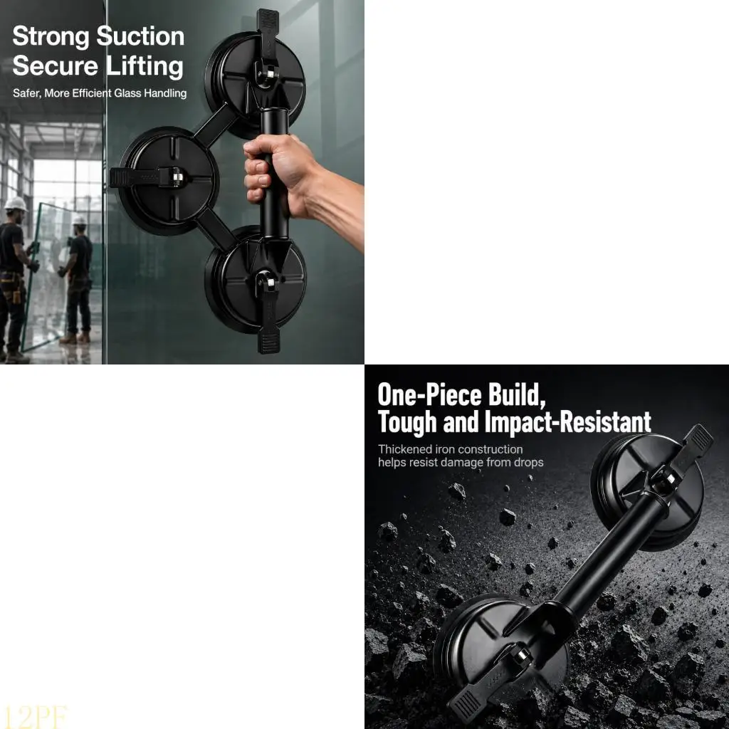 12PF Manual Suction Cup Lifting Tool with Rubber Cups and Raised Handle for Positioning Glass, Tile, and Smooth Metal Sheets