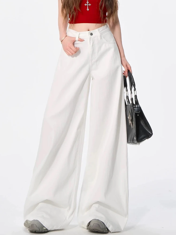 

Y2K Womens Wide Leg Jeans White Loose Fit Vertical Straight Leg Pants Slimming Casual Long Trousers Street Style