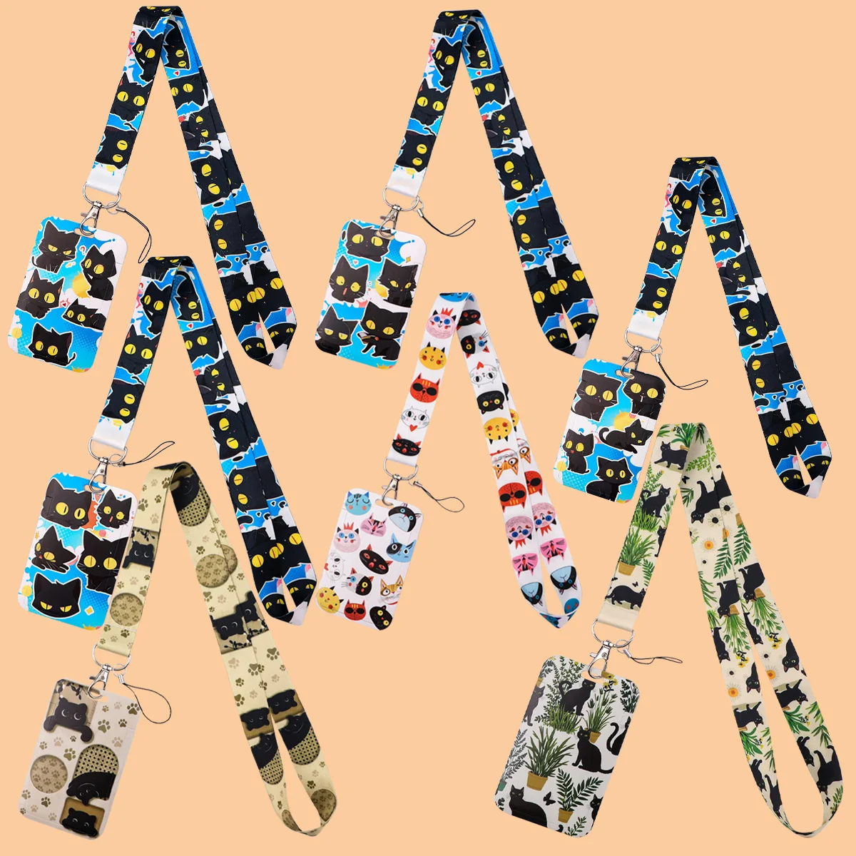 

Cute Black Cat Credential Holder Neck Strap Lanyards ID Badge Card Holder Keychain Cell Phone Strap Accessories Gifts