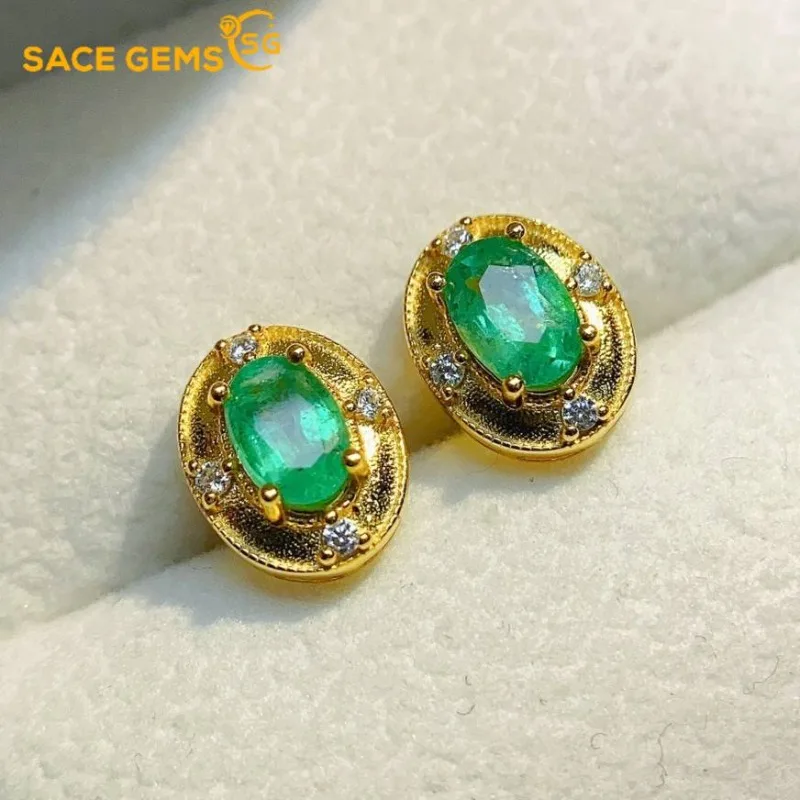 

SACE GEMS Fashion Jewelry Earrings for Women 925 Sterling Silver 4*6MM Natual Emerald Stud Earrings Wedding Party Fine Jewelry
