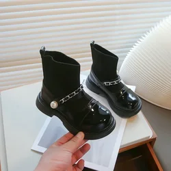 Girls Leather Shoes Children Short Boots 2024 Spring Autumn New Kids Ankle Boots Fashion Little Girls Black Princess Socks Shoes