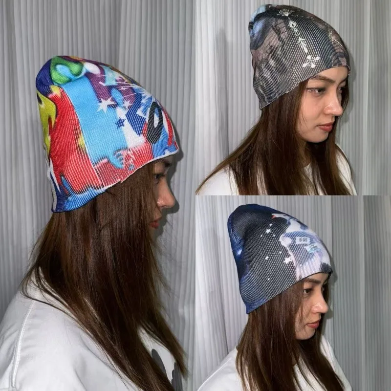 

Winter Gothic Punk Printing Knitt Hat Cool Girls Punk Women Knitted Hat Harajuku Subculture Knitted Hat Y2k Aesthetics Warm Hats