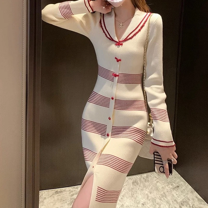 2024 Spring Autumn Women Fashion Striped Elegant Bodycon Ribbed Knitted Dresses Sexy Split Sweet Bow Chic Long Sleeve Midi Dress