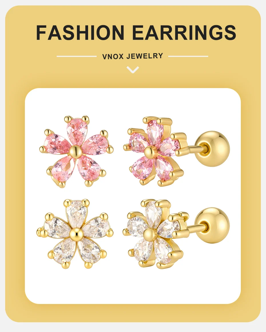 Vnox Süße Blumen-Ohrstecker mit Rosa Kubischem Zirkonia für Damen, Vergoldet, Glänzende Kristalle, Schraubverschluss, Piercing-Schmuck – Detail 1