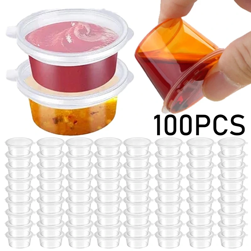 

100PCS Sealed Leak-proof Disposable Sauce Cup Reusable with Hinged Lids Portable Sauce Box Sauce Cup Containers Kitchen Supplies