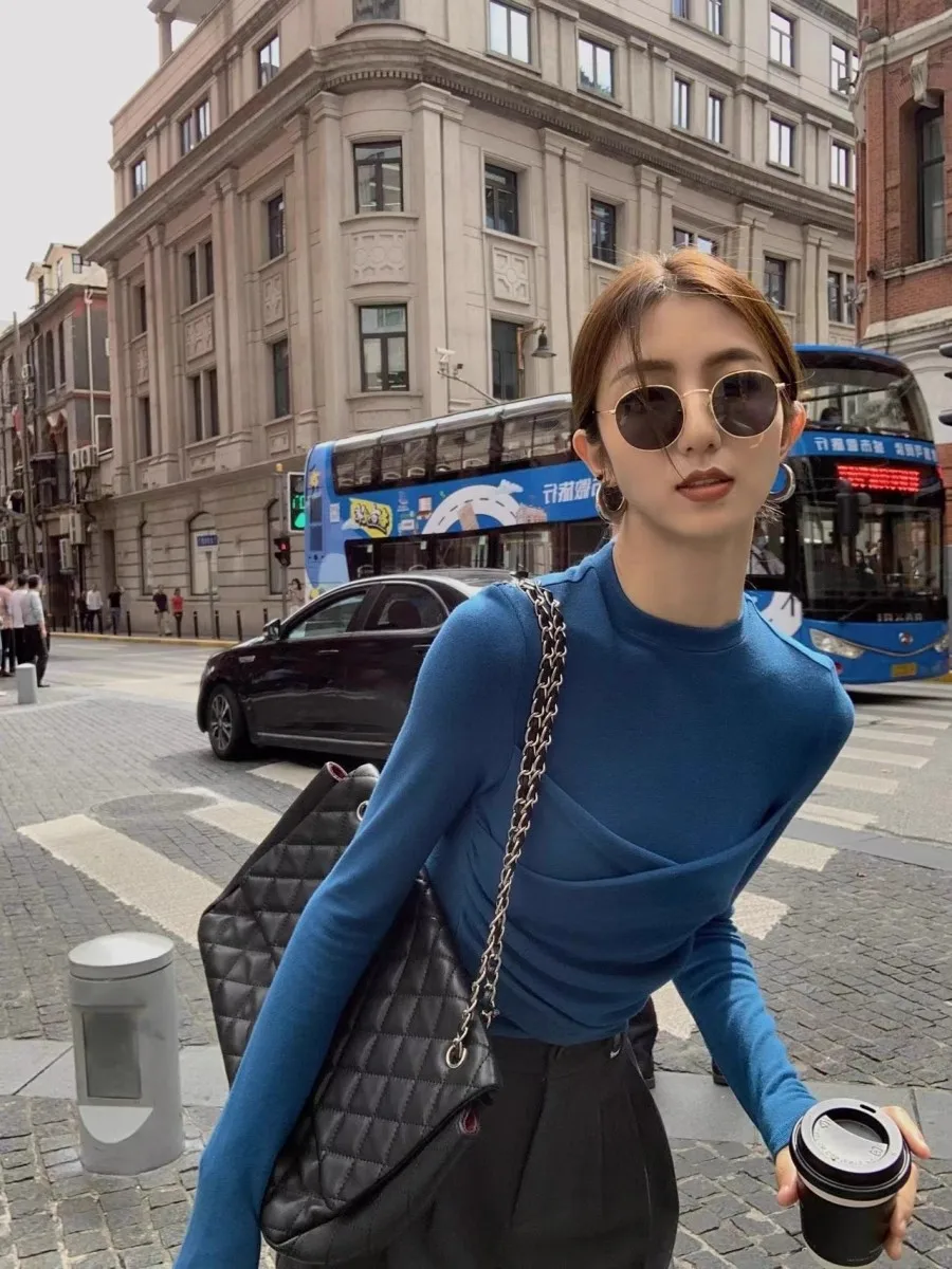 

Faionable Knitted Long Sve round Ne Sweater Women's Slim Fit Sle Korean Sle Pure Color Polyester Fiber Casual Top