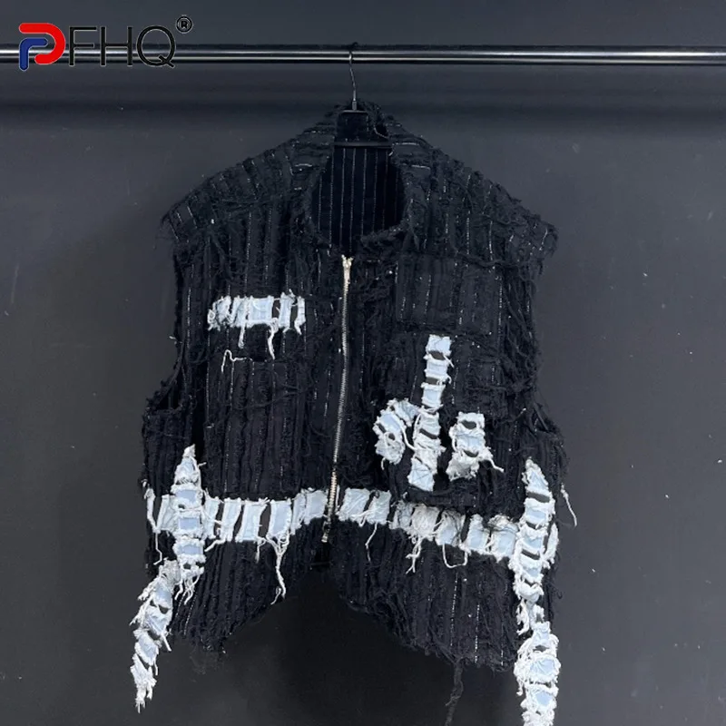 

PFHQ Fashion Denim Patchwork Vest For Men New Men's Stand Collar Zipper Sleeveless Contrast Color Jackets Summer 2023 21F3787