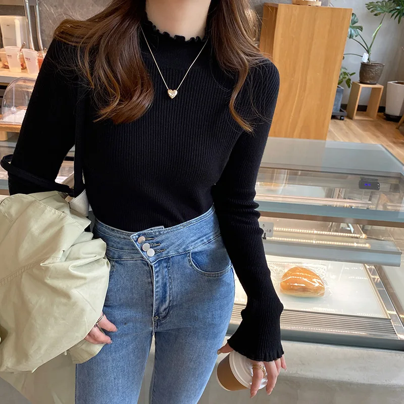 Pull tricoté femmes pulls nouveau à manches longues col à volants tricot pull haut pour femme chandails Sueters De Mujer Q1126