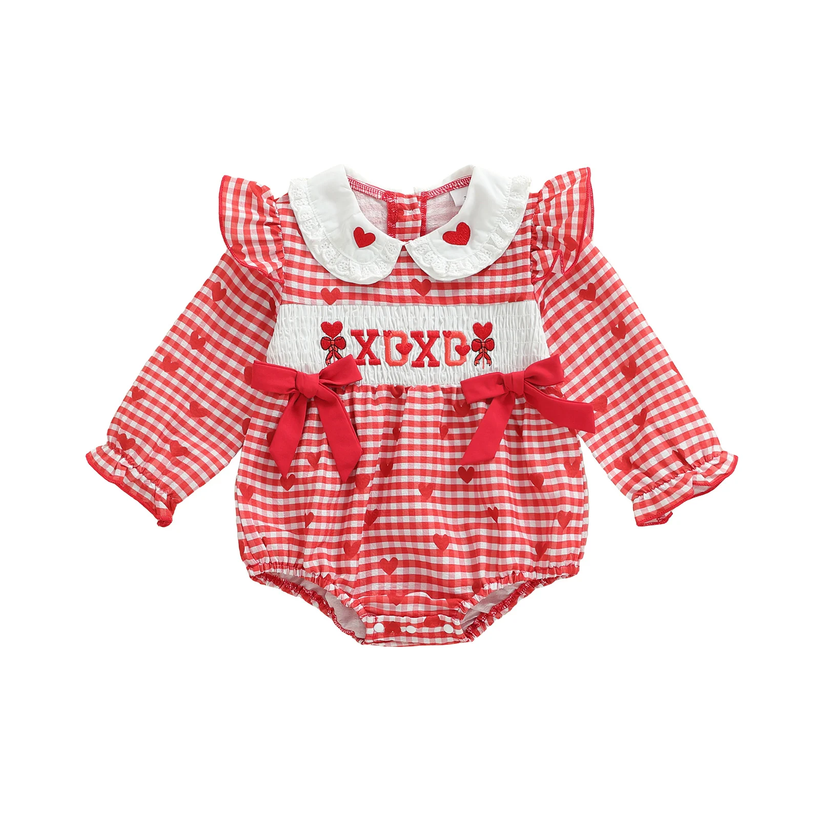 

Baby Girl Valentines Day Romper Heart Plaid Print Letter Embroidery Doll Collar Long Sleeve Bodysuit with Bow