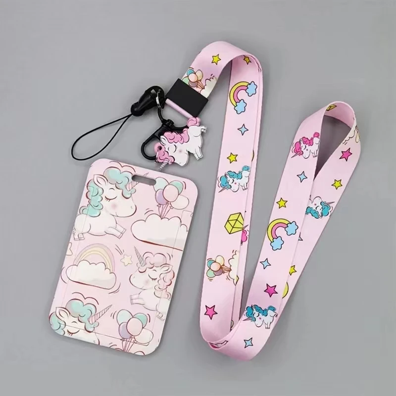 Linda funda con cordón de unicornio para identificación, Soporte para tarjeta, funda para teléfono móvil, funda de crédito bancaria, correa para el cuello para niñas, estudiantes adolescentes