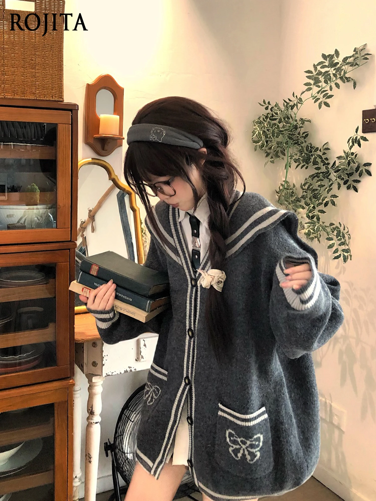 

Japanese Style College Navy Collar Cardigan Sweater for Women 2025 Autumn Winter New Loose Single-Breasted Knitted Jacket Top