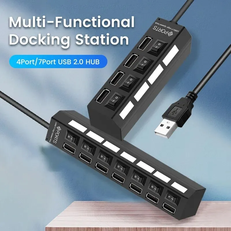 HUB USB 2.0 Multi-Port USB Splitter Use Power USB Adapter Multiple Independent Power Switch Extender with LED Lamp for PC Laptop