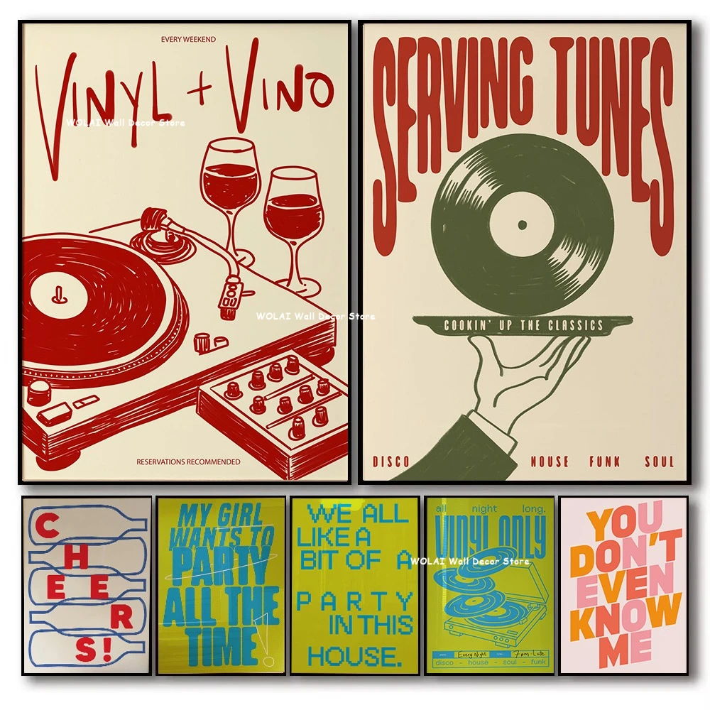 Serving Tunes & Vinyl Vino Record Canvas Print Mid-century Wine Music Wall Art Poster for Kitchen Home Decor Music Lovers Gift