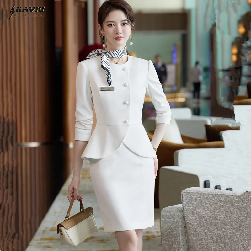 

NAVIU Elegant Women Suits Fashion Professional White Single Breasted Long Sleeve Slim Blazer And Skirt Office Ladies Work Wear