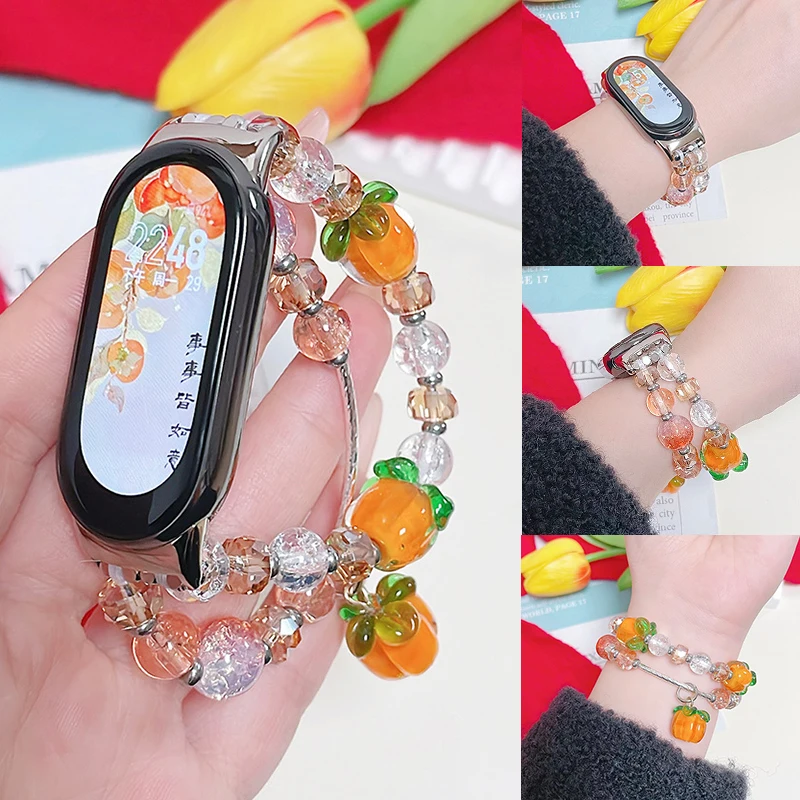 Lucky Jewelry Bracelet for Xiaomi Mi Band 5 6 4 3 Persimmon Beads Wristband for MiBand 9 8 7 Women SmartWatch Strap Accessories