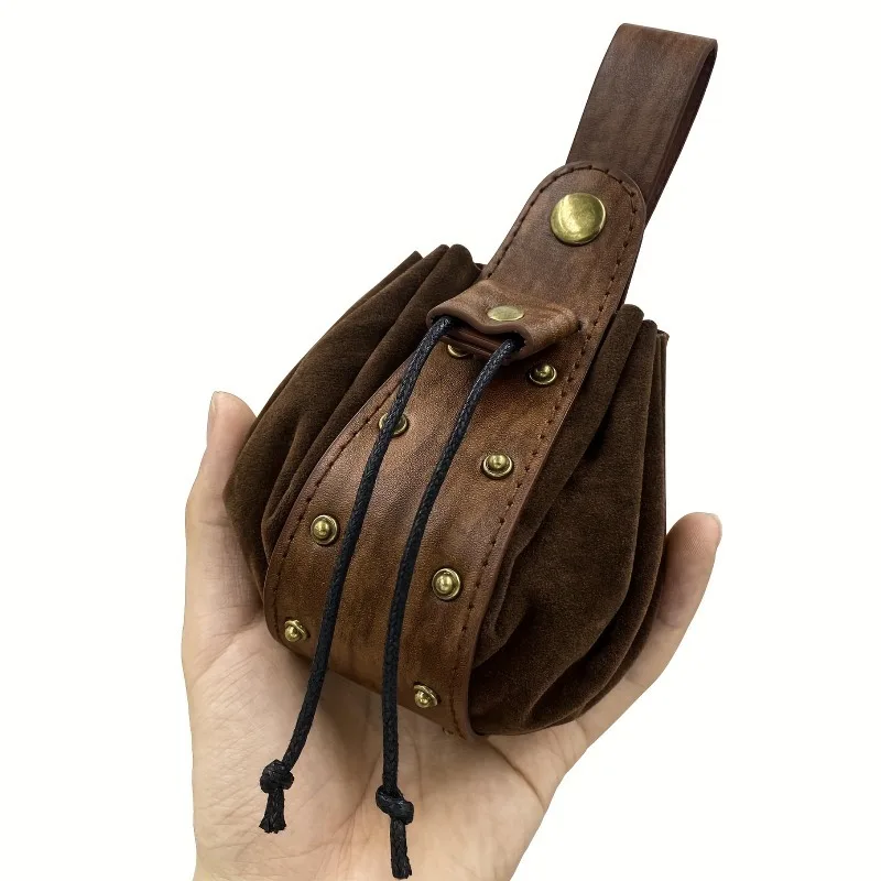 1Pc Vintage Medieval Viking Rivet Drawstring Pouch - Synthetic Leather Coin Purse, Lightweight & Foldable,with Metal Accents