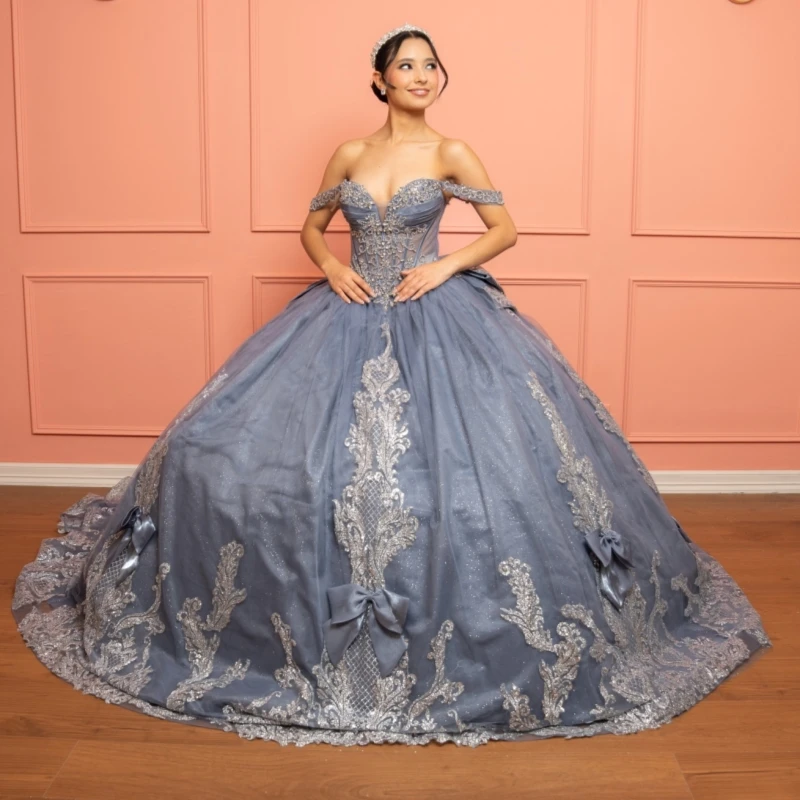 

Navy Blue Shiny Ball Gown Quinceanera Dresses Silvery Applique Beading Crystal Bow Tull Corset Off Shoulder Sweet 16 Dress vesti