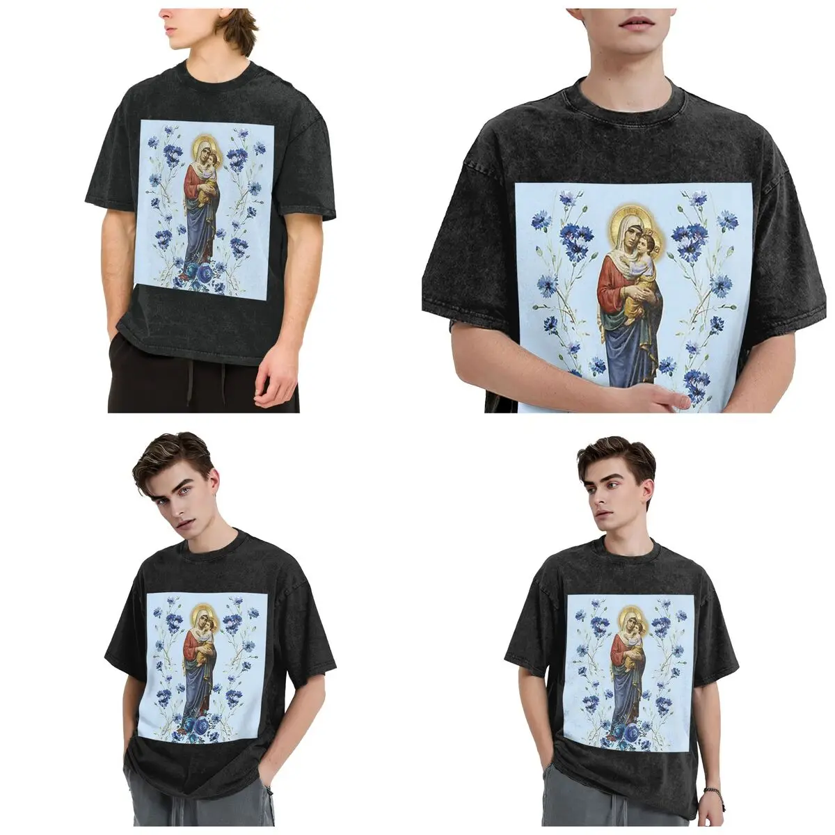 Streetwear T-Shirts Catholicism Saints Jesus Mary Washed T Shirt Short Sleeve Hip Hop T-Shirt Tops Tees for Men Women