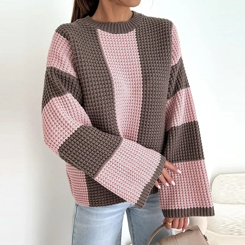 

Autumn Elegant O-neck Long Sleeve Knit Top Women's Fashion Color Blocked Pullover Jumper Winter Casual Long Sleeve Loose Sweater