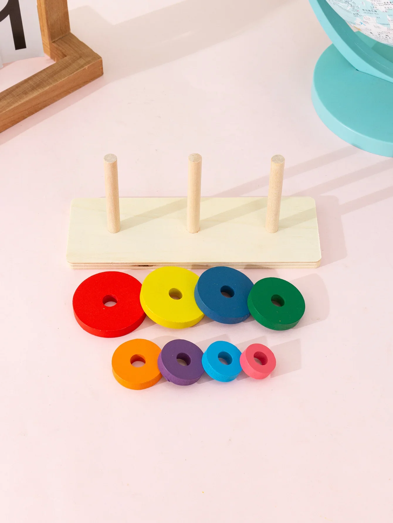 Drewniana tęcza do układania pierścieni, zabawka edukacyjna Montessori, gra geometryczna z kolorami i kształtami dla dzieci.