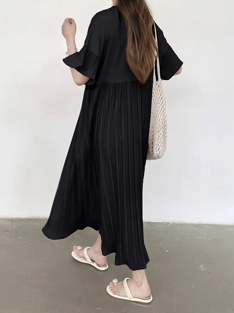 NYFS 2025 الكورية نمط المرأة الصيف فضفاض حجم كبير للطي الربط قصيرة الأكمام فستان طويل رداء Elbise