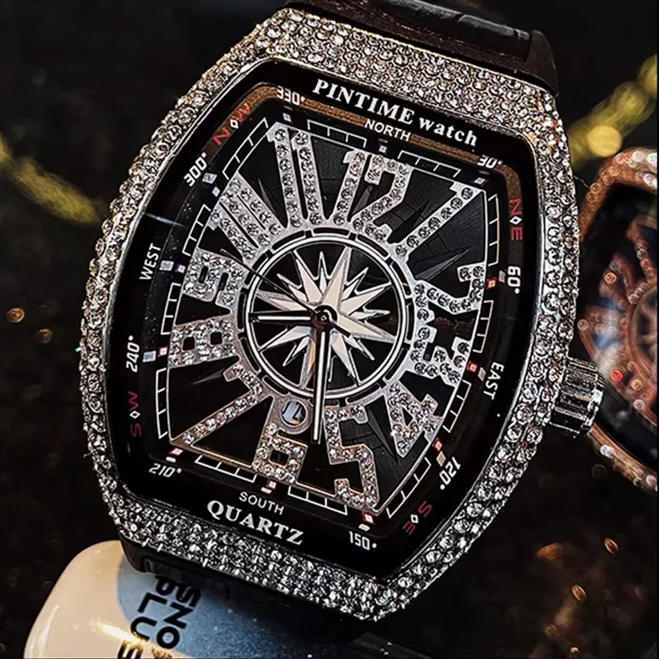 Premium Brand Luxury Diamond Watch Digital Diamond Inlay Black Watch Night Light Men Quartz Wristwatch Hip Hop Style Men Gift view 2