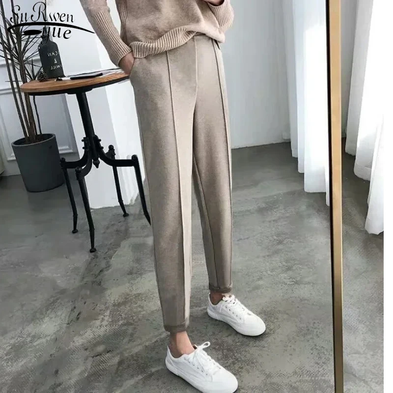 

SURWENYUE Winter Thicken Women Pencil Pants Autumn Trousers OL Wool Work Suit Pant Loose Female Trousers Capris Female 6648