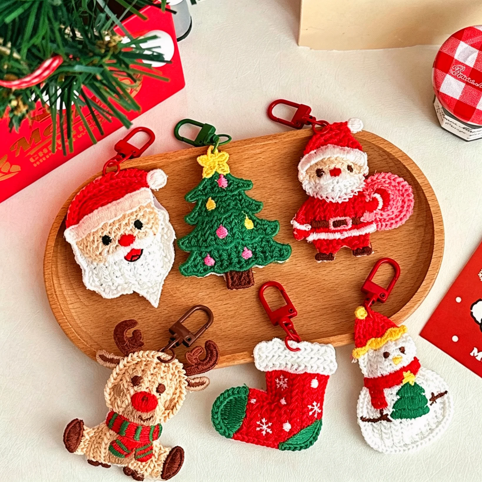3 Pcs Christmas Keychain Set, Knit Design Bag Charms, Cute Stocking Stuffers, Holiday Party Favors, Gift Tags Purse Additions